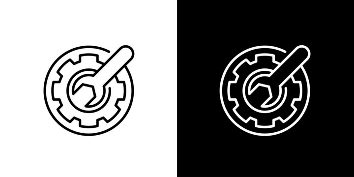 Outline icon depicting a gear cogwheel and wrench for technical settings, maintenance, repair, and operational service applications - Powered by Adobe
