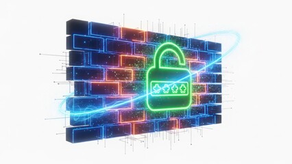 Digital Firewall Concept with Neon Brick Wall and Glowing Padlock Icon Representing Network Security on an Isolated White Background