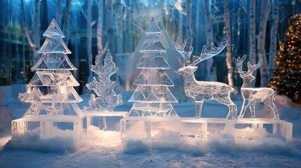 Winter square ice sculpture Christmas theme, ice sculpture Christmas tree and reindeer, light penetrating ice surface, crystal clear, snowy background
