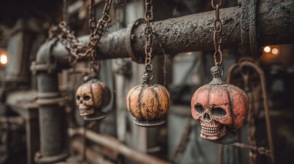 Abandoned factory Halloween decor, rusty pipes wrapped with pumpkin lanterns, skull props hanging from iron chains, industrial dark scene