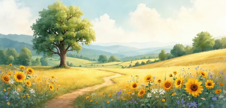 Bright summer landscape painting. Golden field with sunflowers, daisies and blue flowers. Curved dirt path leads to green rolling hills under blue sky. Large tree stands tall.