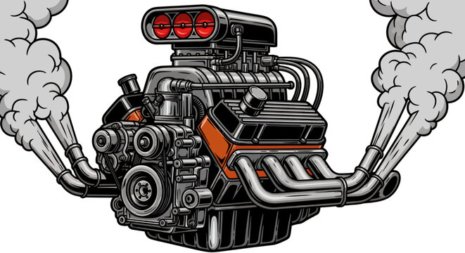 A dynamic vector illustration of a powerful V8 engine with a supercharger and smoking exhaust pipes, perfect for automotive and racing designs.