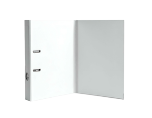 Open white binder with silver rings, showing blank interior
