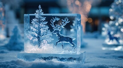 Winter square ice sculpture Christmas theme, ice sculpture Christmas tree and reindeer, light penetrating ice surface, crystal clear, snowy background