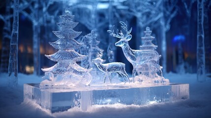 Winter square ice sculpture Christmas theme, ice sculpture Christmas tree and reindeer, light penetrating ice surface, crystal clear, snowy background