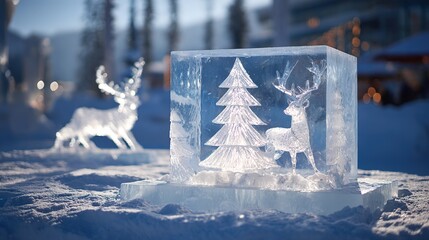 Winter square ice sculpture Christmas theme, ice sculpture Christmas tree and reindeer, light penetrating ice surface, crystal clear, snowy background