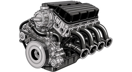 Detailed vector illustration of a car engine showcasing its intricate components and design, ideal for automotive enthusiasts and engineering projects, presented on white.