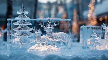 Winter square ice sculpture Christmas theme, ice sculpture Christmas tree and reindeer, light penetrating ice surface, crystal clear, snowy background