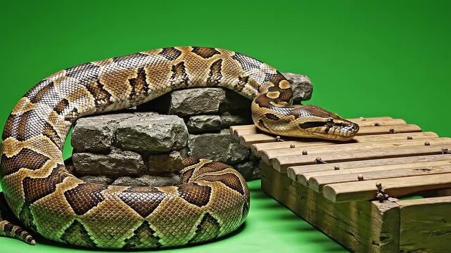 Motionless Python Coiled on Stone Wall and Wooden Bridge with Detailed Scale Patterns isolated on Green Screen Background Exotic