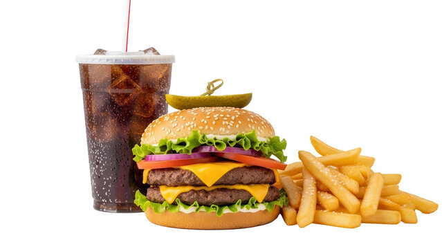 Double decker burger combo with salted french fries and a tall soda cup isolated on white background