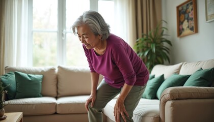 Elderly Asian woman experiences knee pain moving. Holds knees, bending down slightly, showing discomfort from arthritis standing up sitting. Image relates to aging issues, physical limitations