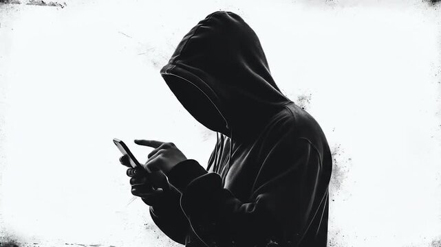 Hacker Using Mobile Phone in the Dark, hooded figure typing on a cell phone isolated on white