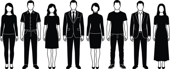 Business people silhouette illustration set, men and women standing, professional corporate workforce concept, black and white vector characters isolated
