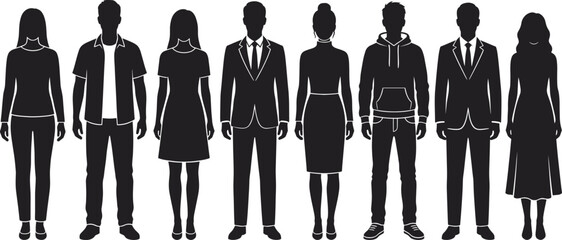 Business people silhouette group illustration, diverse men and women standing, professional corporate workforce concept, black vector characters isolated background