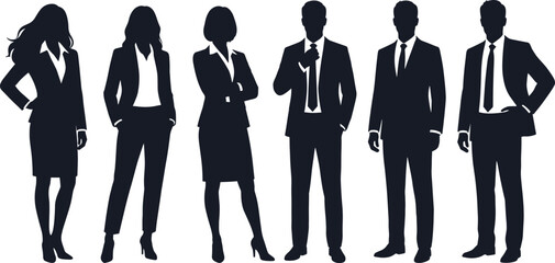 Business people silhouettes illustration, professional men and women in formal suits standing together, corporate leadership teamwork concept, black vector isolated