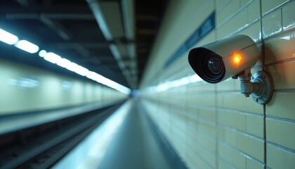 Security camera watches empty subway platform. Electronic eye observes station, records all movement. Urban transport network uses tech for public safety monitoring.