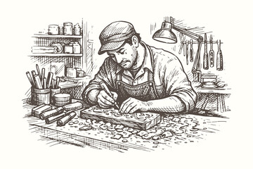 Skilled Craftsman Working at Workbench Vector Illustration, Hand Drawn Sketch of a Carpenter or Artisan for Woodworking, Craft, and Manual Labor Themes.