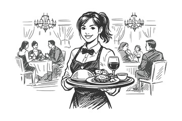 Professional Waitress Serving Food in Restaurant Vector Illustration, Hand Drawn Sketch of Hospitality Service for Food, Dining, and Career Themes.