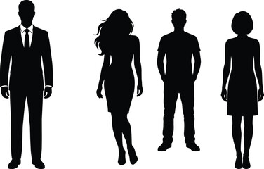 Business people silhouettes standing set, professional men and women figures, corporate workforce diversity concept, black vector illustration isolated background