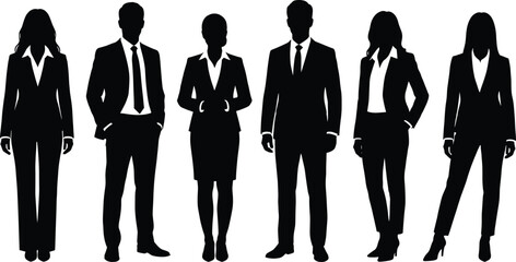 Business people silhouettes standing together, professional men and women in suits, corporate teamwork leadership concept, black vector illustration isolated white