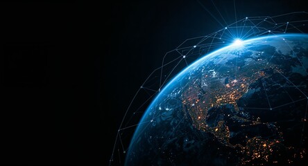 Futuristic digital illustration of Earth showing a vibrant global network, symbolizing advanced technology, data connectivity, and worldwide communication