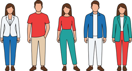 Casual people illustration set, young men and women standing together, modern flat vector characters, lifestyle diversity concept, isolated white background