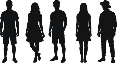 Casual people silhouettes standing together, men and women in modern outfits, lifestyle human figures, black vector illustration isolated