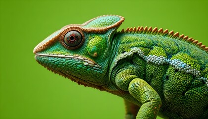 Obraz premium Vibrant green chameleon with colorful scales on bright green background
