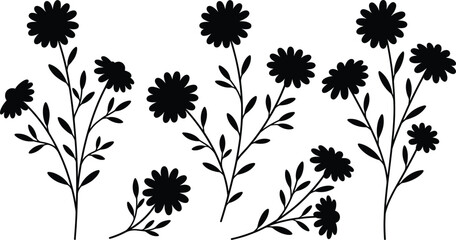Floral silhouettes collection with blooming wildflowers, decorative botanical plants, nature inspired design elements, black vector illustration isolated
