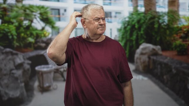 Senior man scratches head while standing on walkway near planter and bench in building atrium, wearing glasses and a maroon tshirt; pensive doubt.
