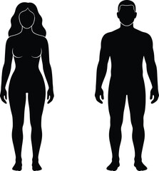 Male and female body silhouettes standing front view, human anatomy shapes, gender comparison concept, black vector illustration isolated