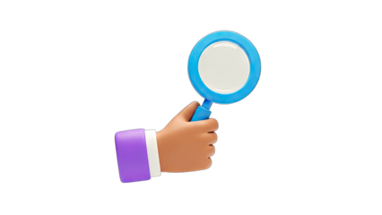 3D Cartoon hand holding magnifying glass with blue rim on transparent background
