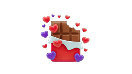 3D Chocolate bar with red and purple hearts on transparent background