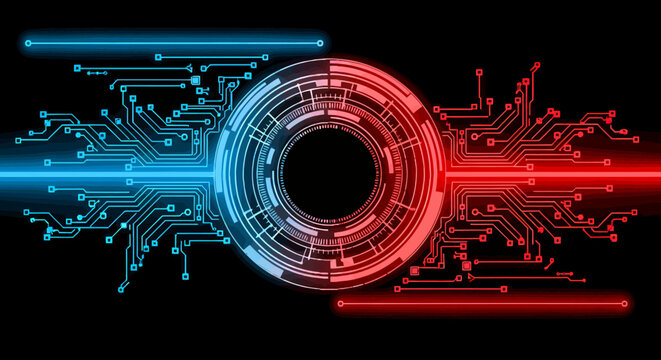 A futuristic engine core vector showcases a digital circuit board design with vibrant red and blue lighting accents, set against a dark background.