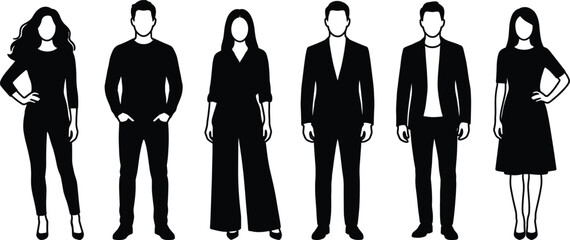 People silhouettes illustration set, men and women standing together, casual and business styles, modern lifestyle characters, black vector isolated design