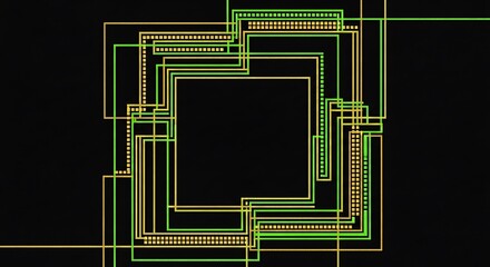 Intertwined geometric forms composition with green and gold accents