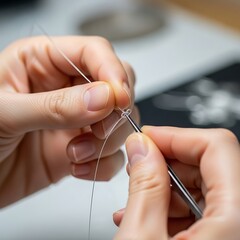Intricate knot tying process with delicate thread and precision tool