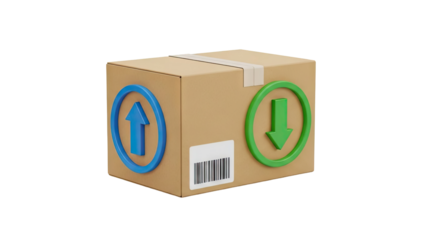 3D Delivery box with upload and download arrows and barcode on transparent background