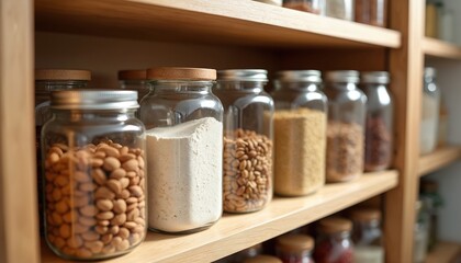 Glass jars with nuts flour and grains arranged neatly on wooden pantry shelves. Home kitchen organization for food supplies maintaining healthy eating habits.