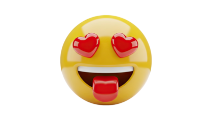 3D Emoji with hearts for eyes and tongue sticking out on transparent background