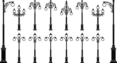 Vintage street lamp silhouettes collection, decorative outdoor lighting poles, classic urban design elements, black vector illustration set isolated