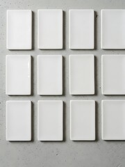 Minimalist arrangement featuring twelve white rectangular ceramic tiles
