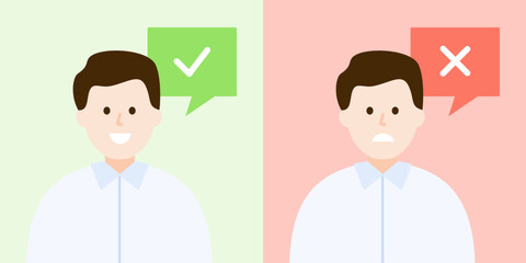 Man saying yes and no with tick check mark and cross mark speech bubble. Problem, solution, opinion, idea, option, choice concept. Flat character vector design isolated illustration. 