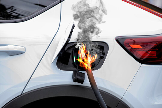 Electric vehicle charging port on fire with smoke and flames. Concept of EV battery hazard, substandard equipment, and fire safety risk.