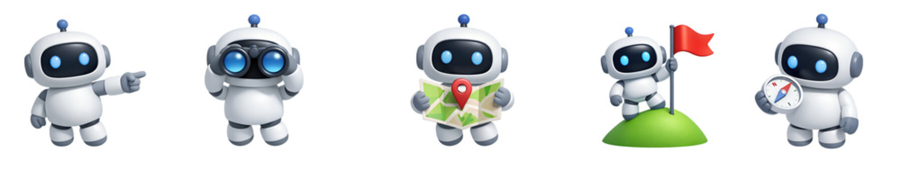 3D Minimalist Icon Set of AI Robot Navigation and Direction, featuring compass, map, and binoculars on transparent background.