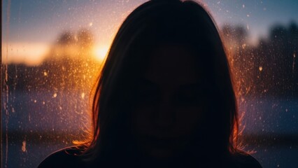 A woman's silhouette stands in front of a rainy window at sunset outside