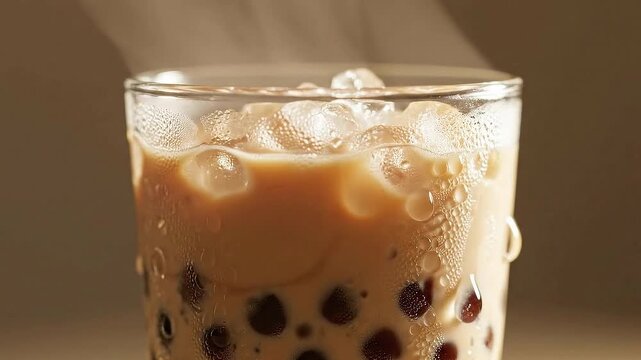 Refreshing Iced Bubble Milk Tea with Tapioca Pearls and Condensation Drops on Glass Cup with Rising Steam Mist in Soft Lighting