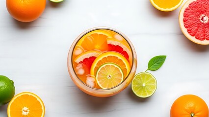 Refreshing citrus beverage with varied fruit slices on a pristine surface