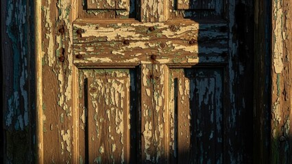 A close-up view of a worn and weathered wooden door with peeling paint