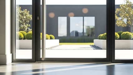 Serene Interior View with Lush Exterior Through Modern Sliding Doors